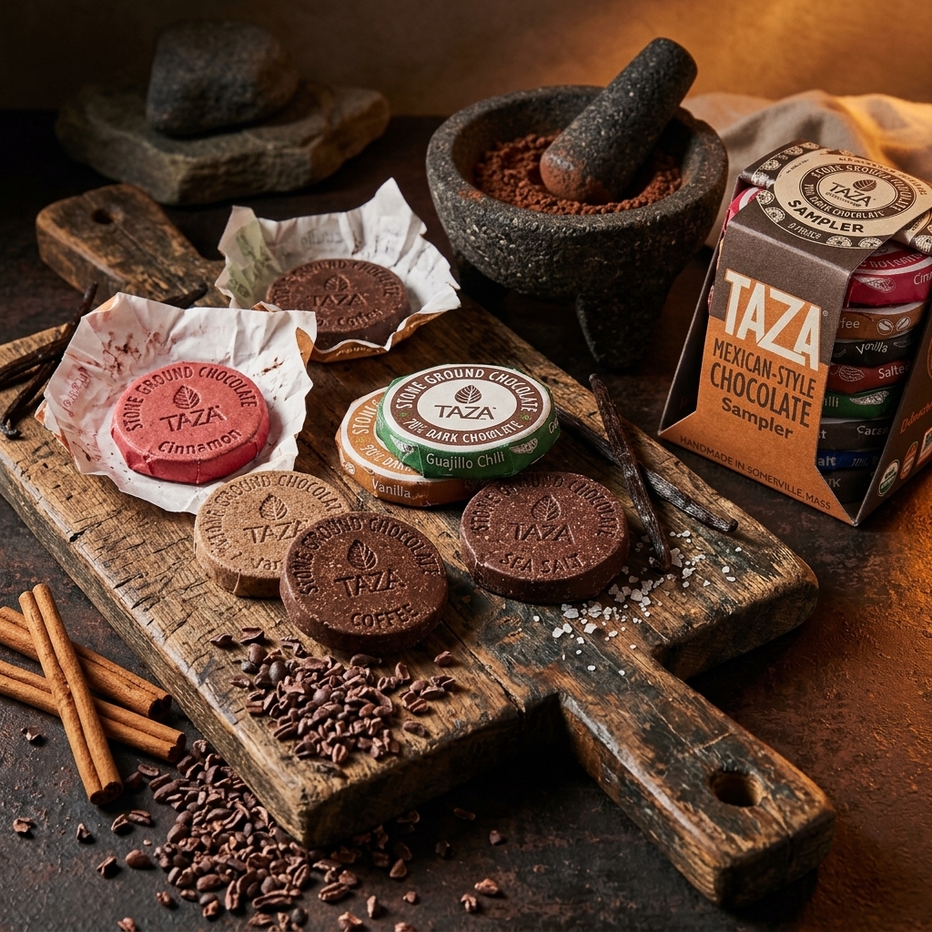 Taza stone ground chocolate flatlay