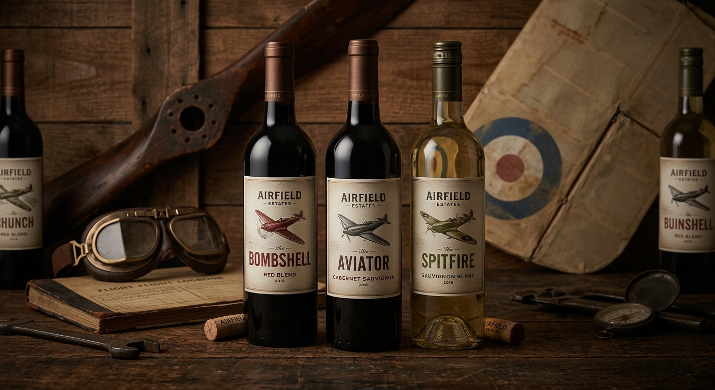 Aviation-themed wine product shot