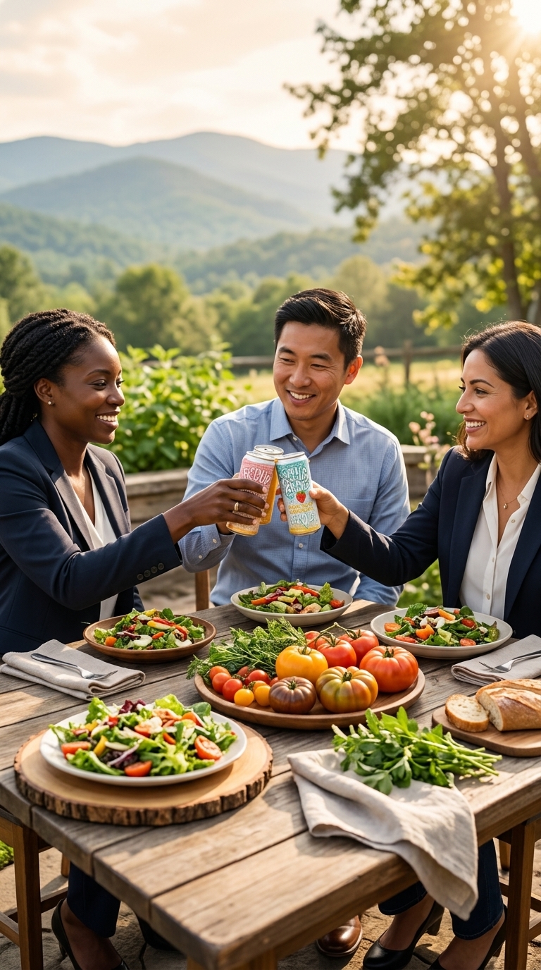 Professionals toasting kombucha at farm table
