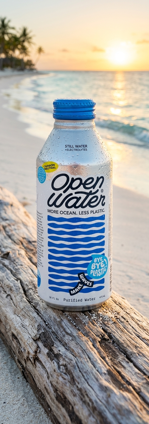 Open Water can on beach driftwood