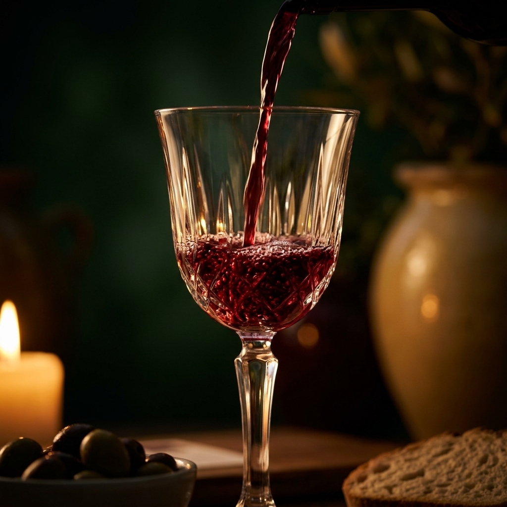 Red wine pour macro into crystal glass