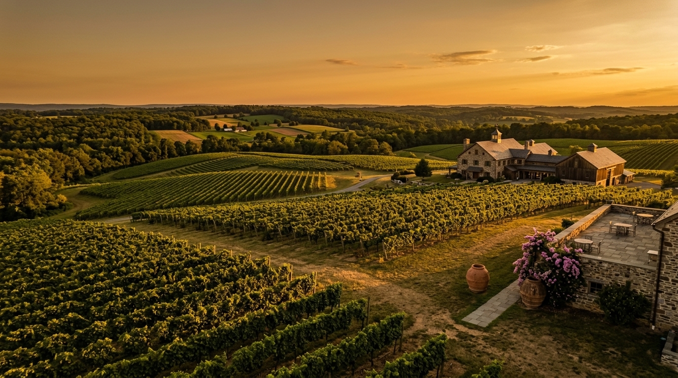 Pennsylvania winery estate at golden sunset