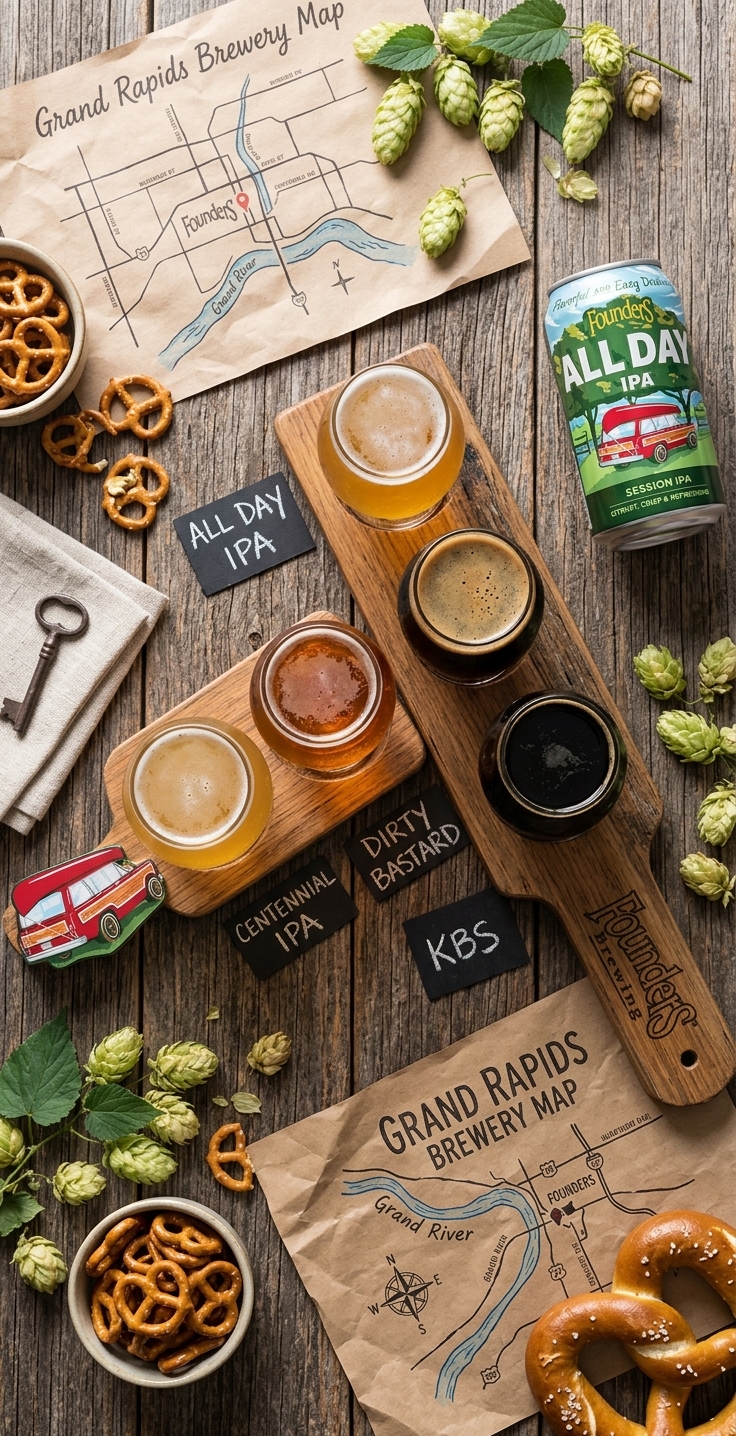 Founders Brewing beer flight flatlay