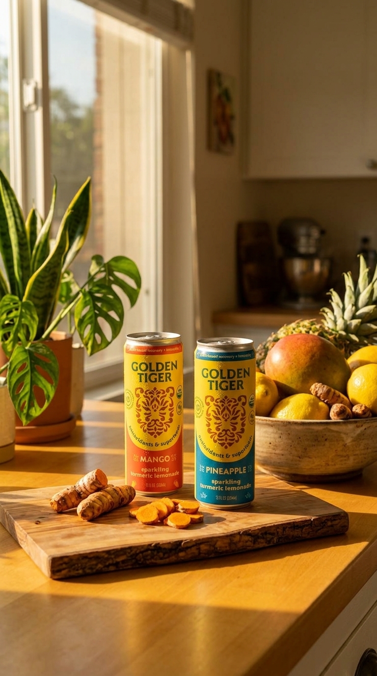 Two Golden Tiger cans on kitchen counter at golden hour