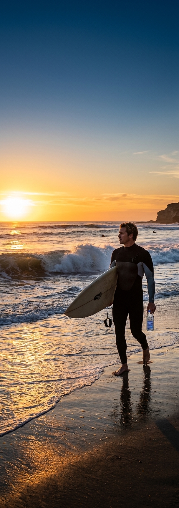Surfer with Open Water bottle at sunset