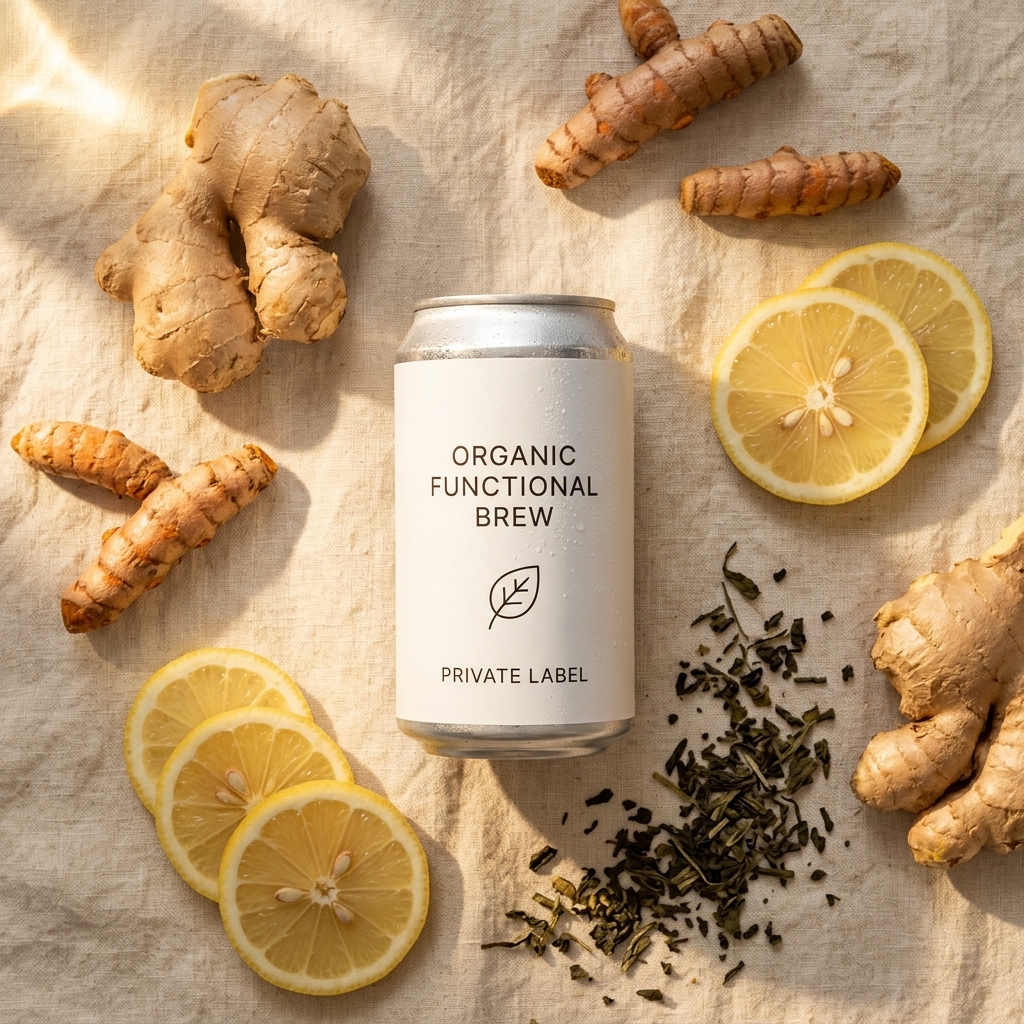 Organic ingredient flat-lay with kombucha can