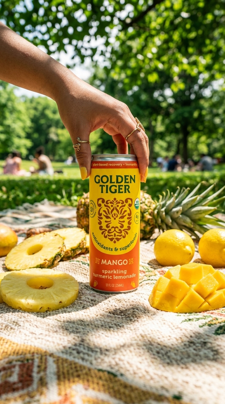 Hand reaching for Golden Tiger can on picnic blanket