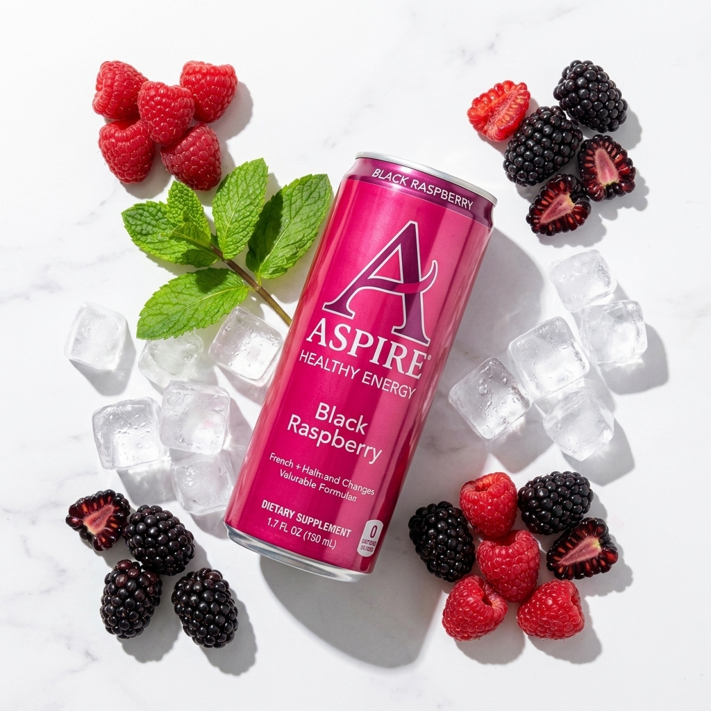 Aspire can flat-lay with fresh berries and ice