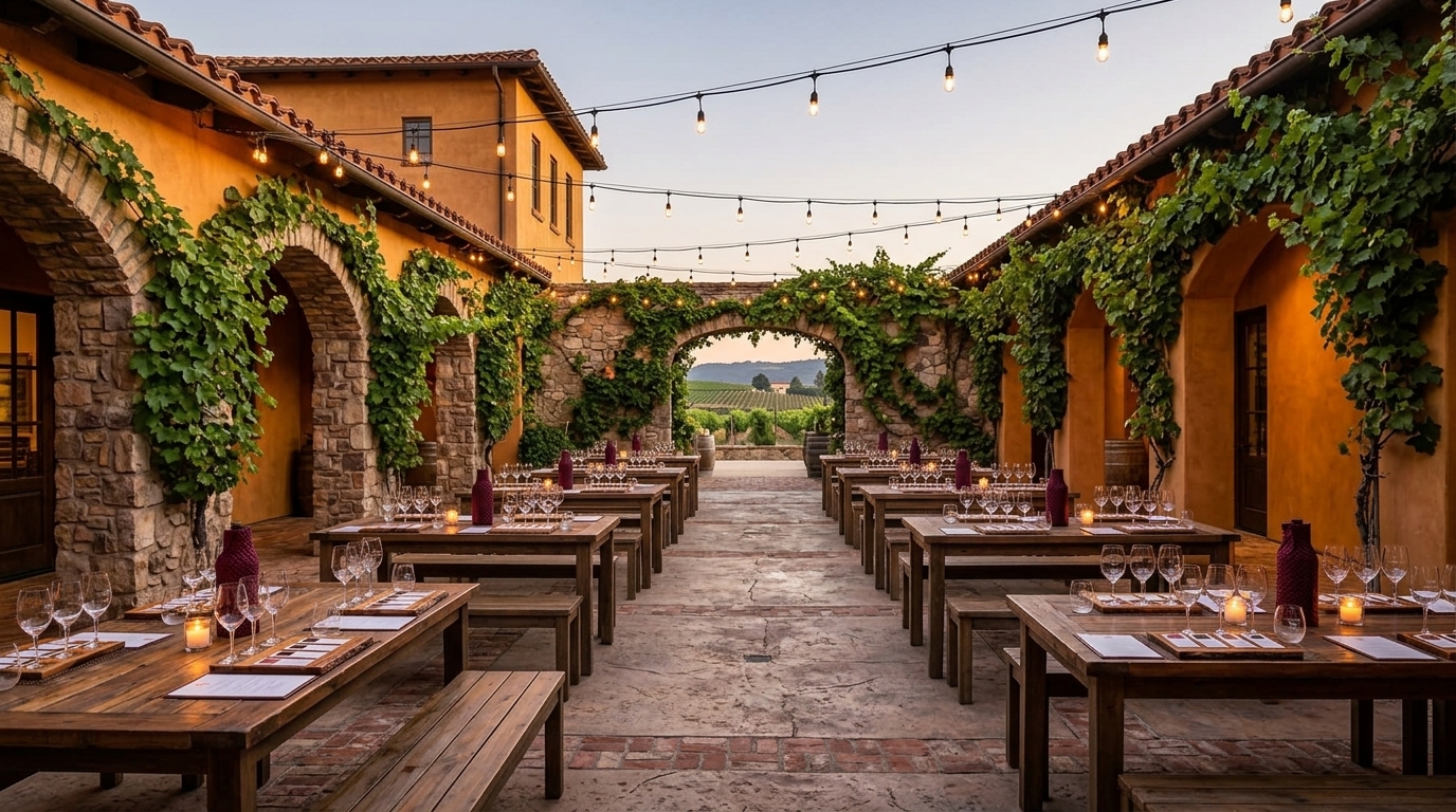 Winery courtyard at dusk with string lights