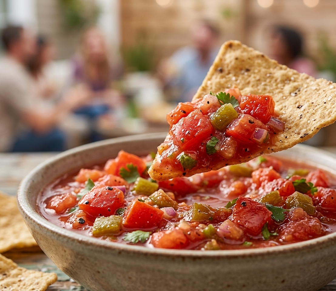 Chip dipping into Fresh Cravings salsa