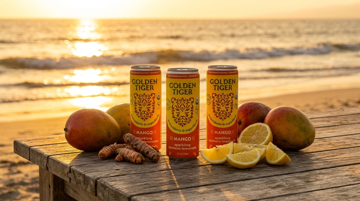 Golden Tiger cans on beachside table at sunset