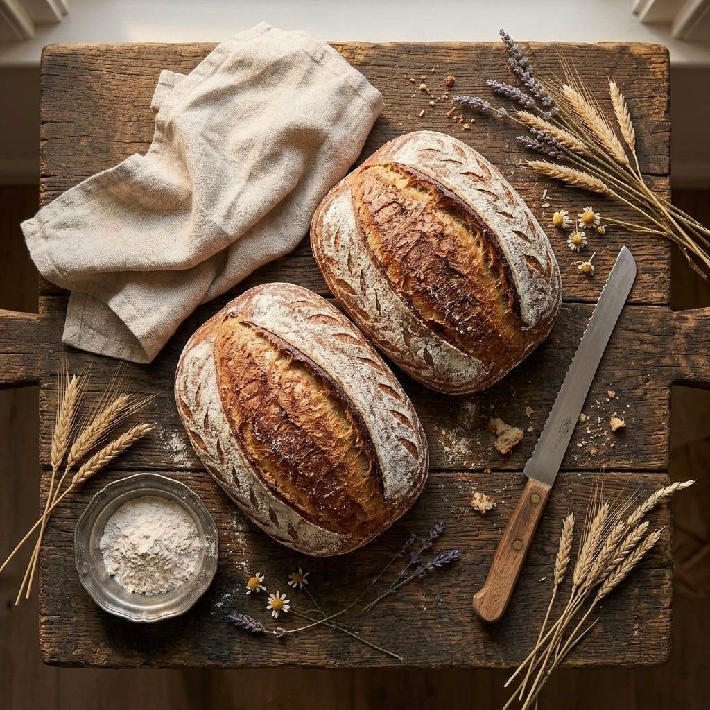 Artisan sourdough flat-lay on rustic board
