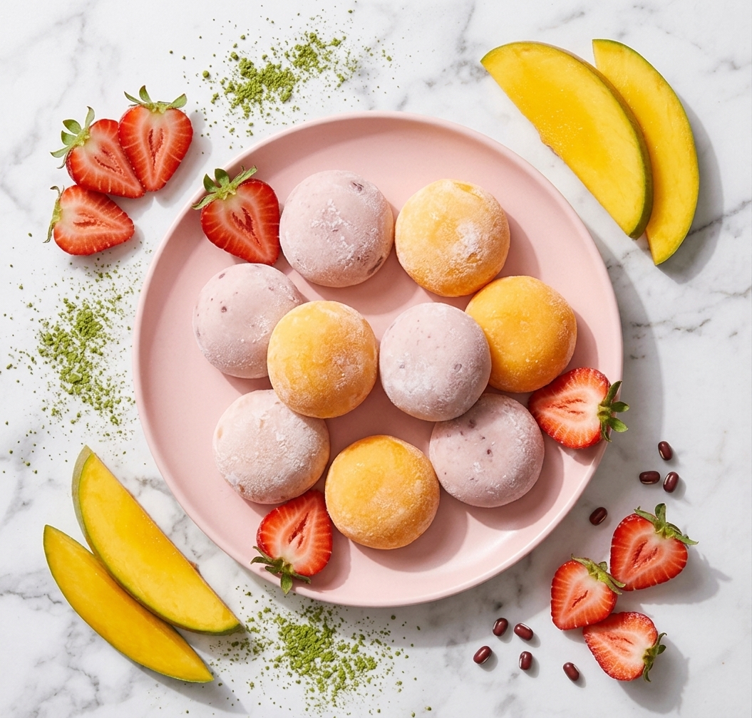 Colorful mochi flat-lay on pastel plate