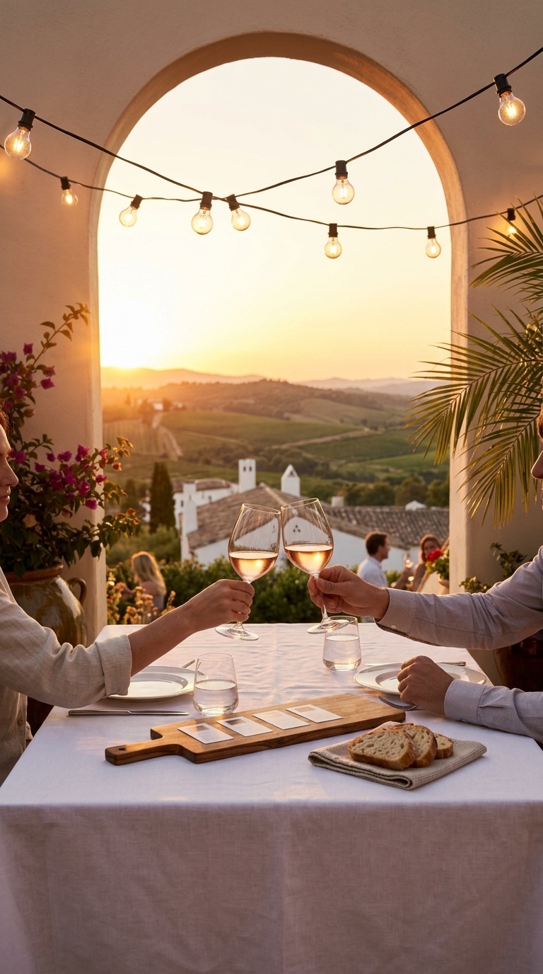 Couple toasting wine at outdoor winery dinner