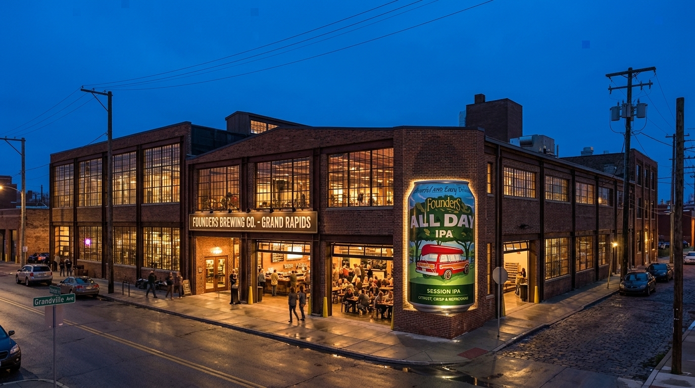 Founders Brewing taproom at dusk