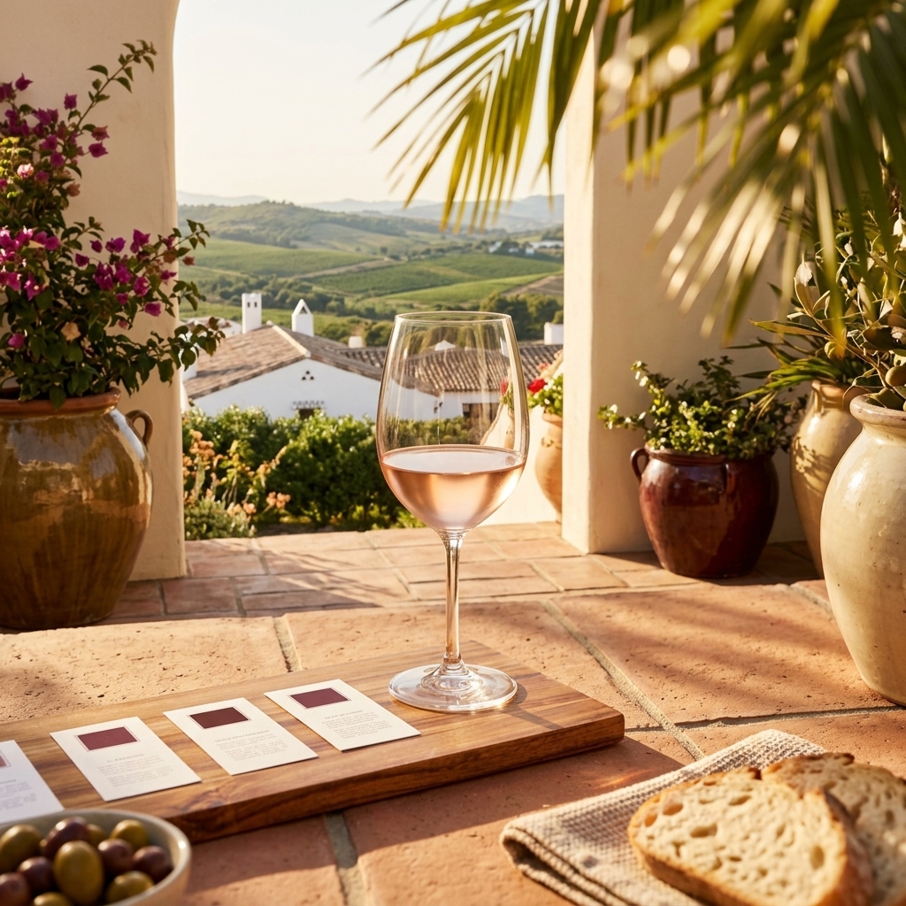 Rose wine glass on sunlit terracotta patio