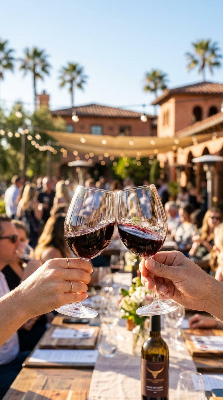 Hands clinking wine glasses at outdoor gathering