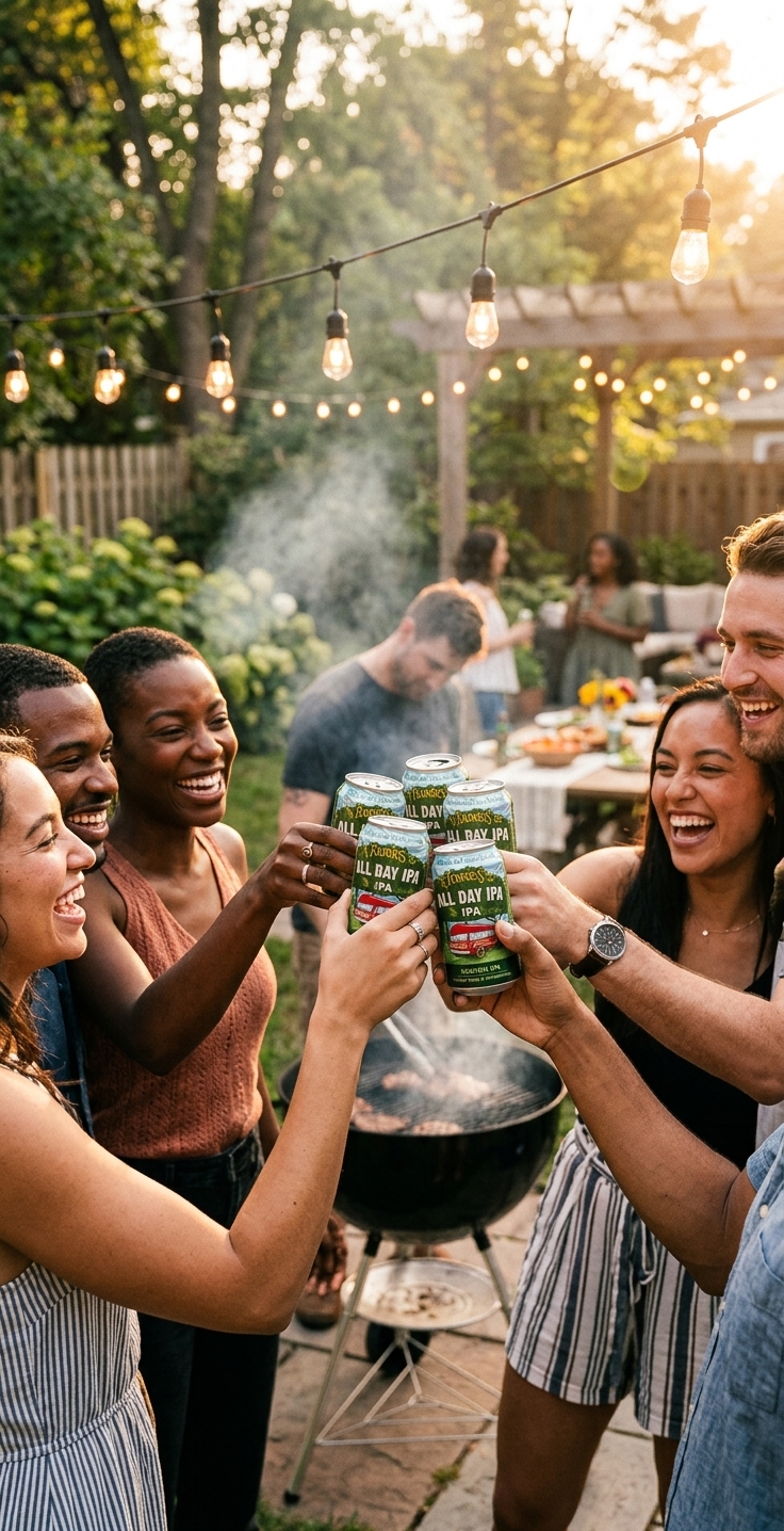 Friends toasting All Day IPA at barbecue