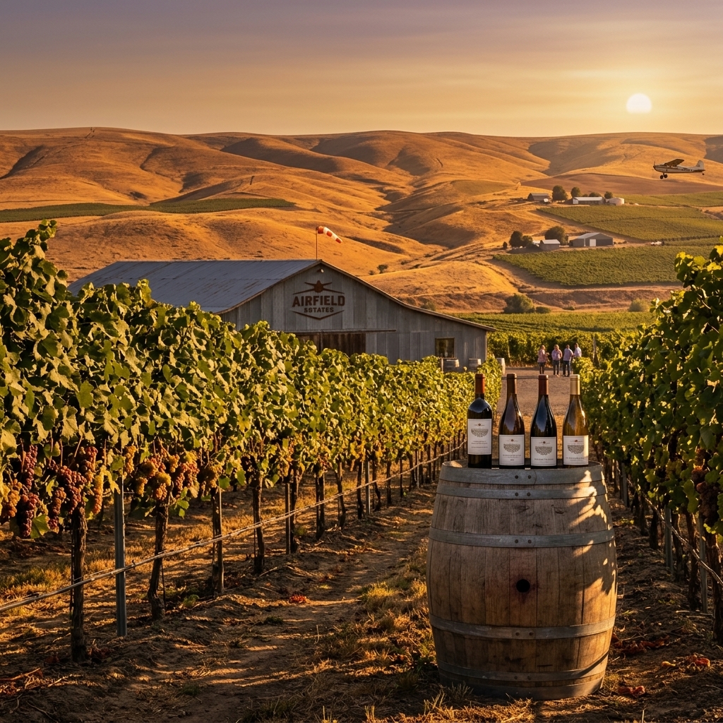 Golden hour vineyard scene at Airfield Estates