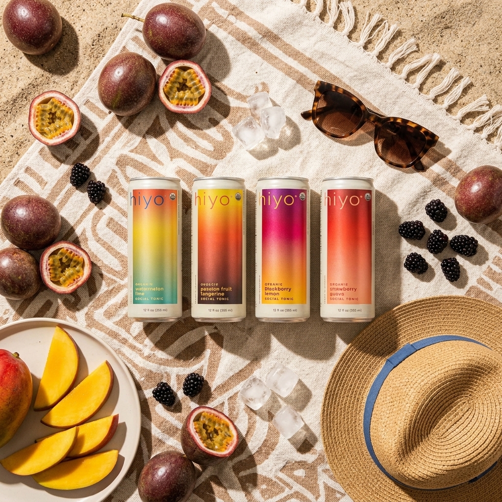 Beach flat-lay with Hiyo cans