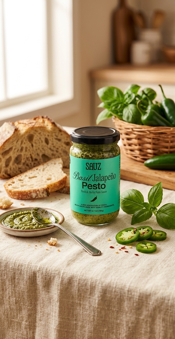 Sauz Basil Jalapeno Pesto on linen tablecloth