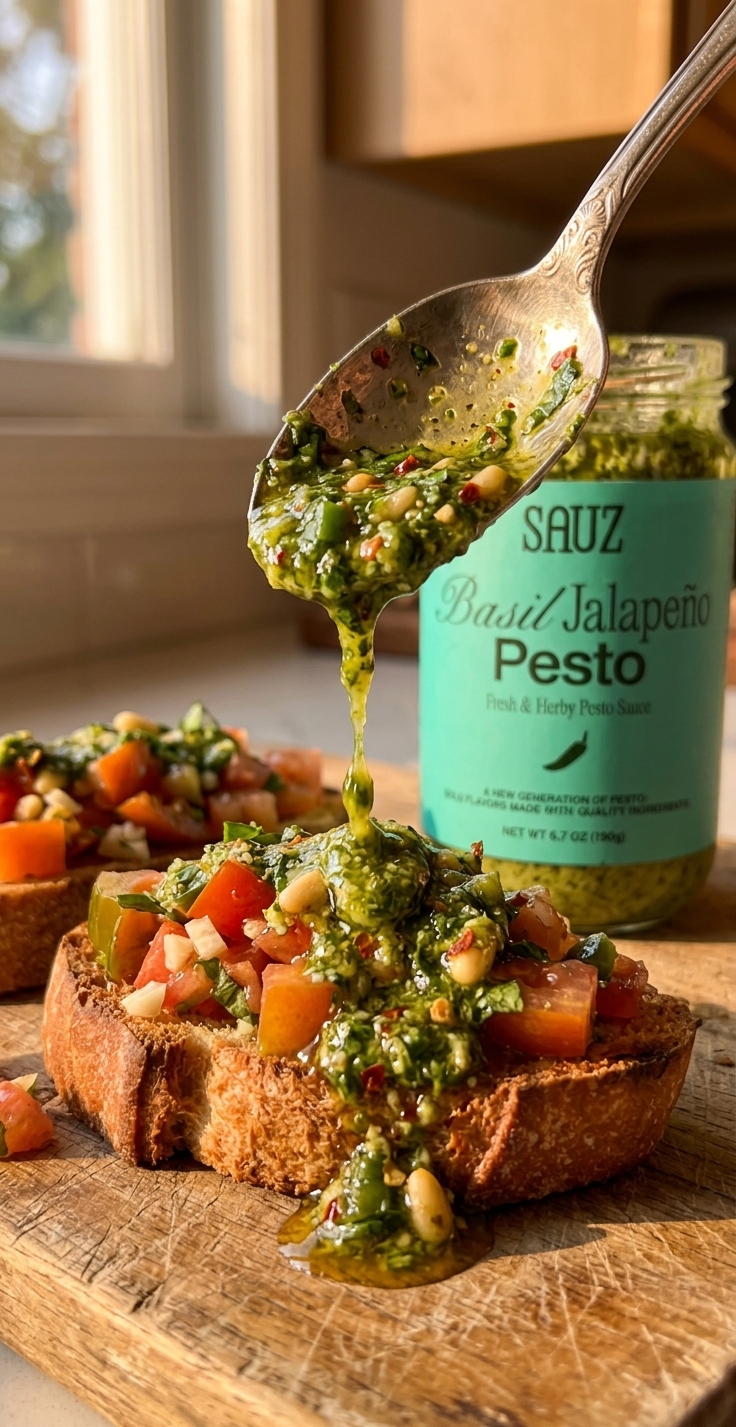 Sauz pesto drizzled over bruschetta