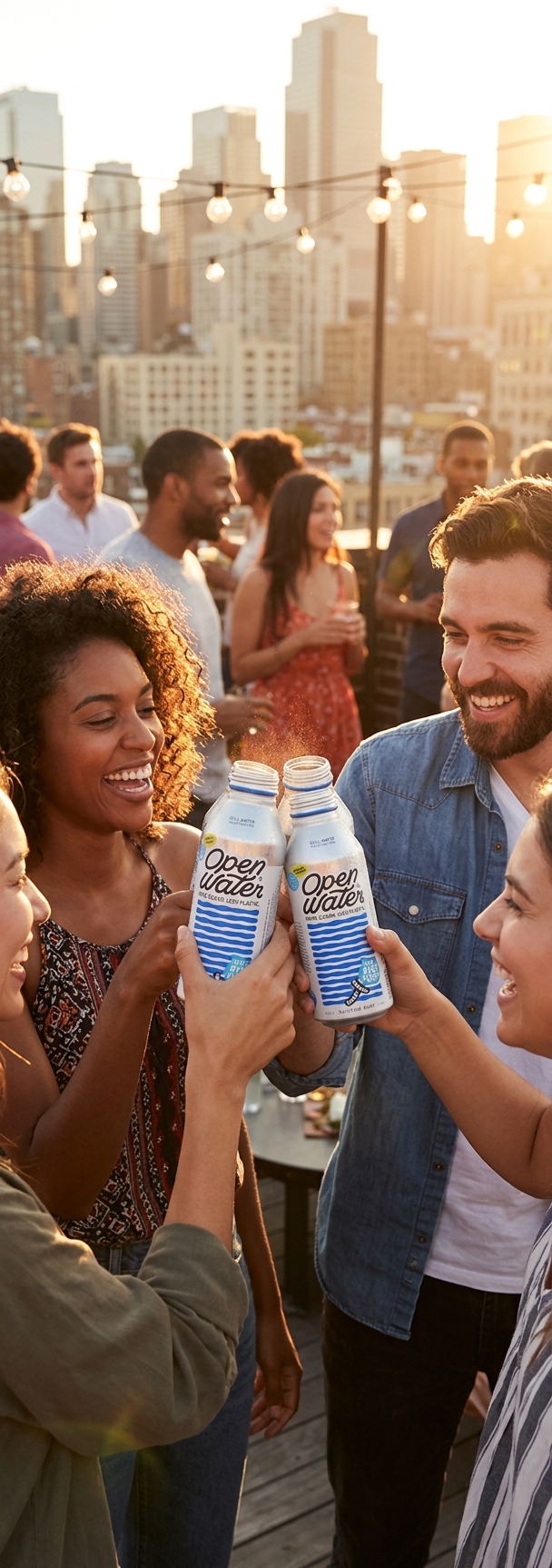 Friends toasting Open Water cans at rooftop