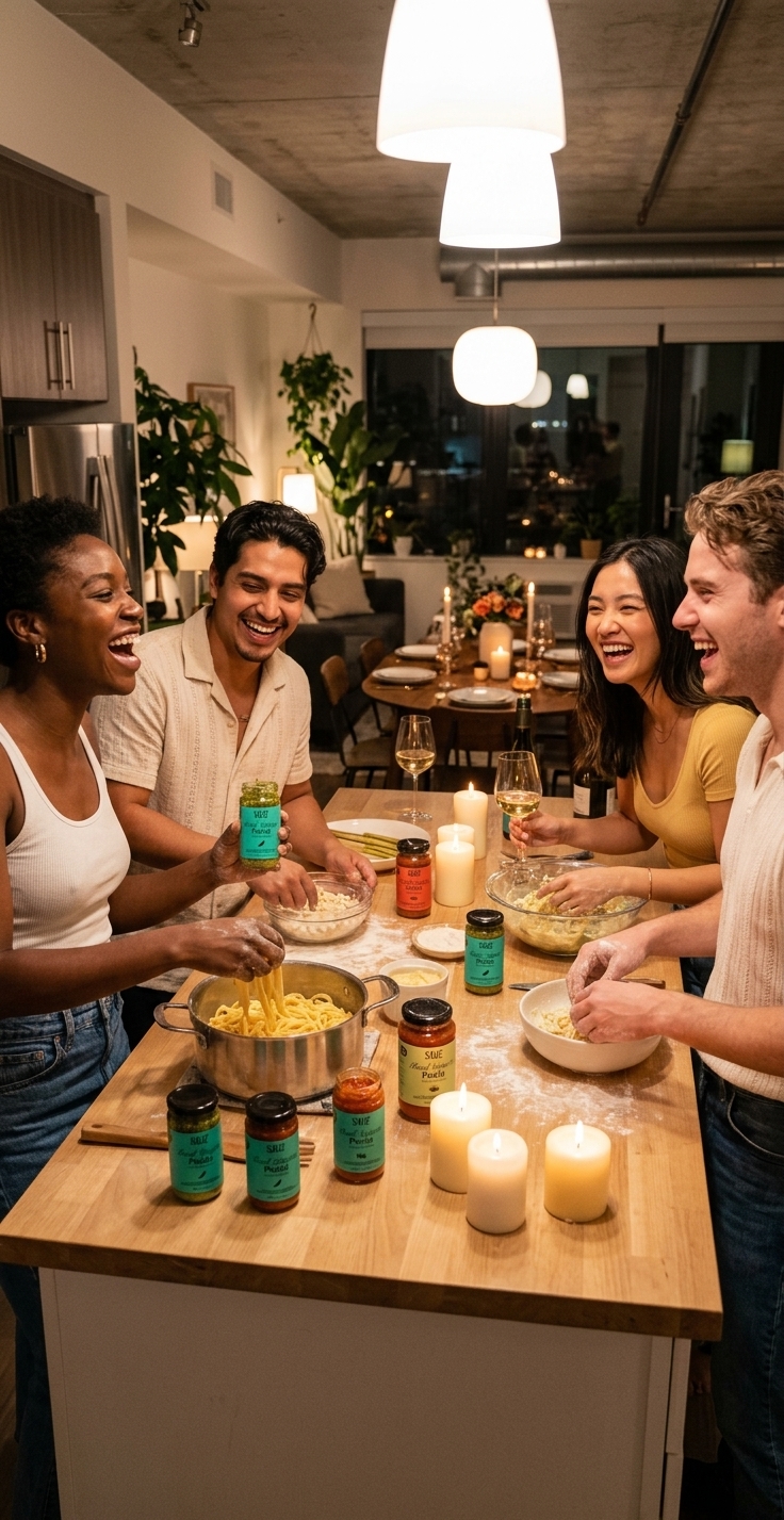 Friends cooking with Sauz at dinner party