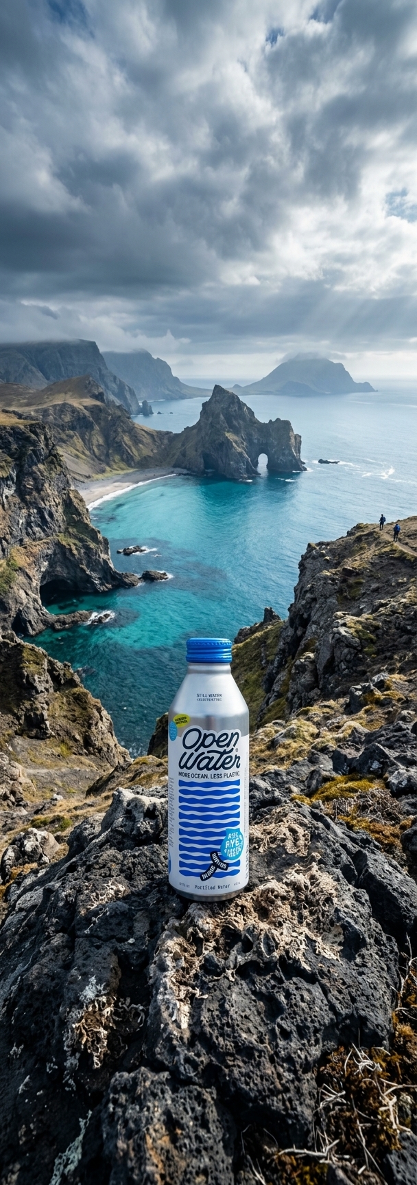 Open Water bottle on volcanic coastline