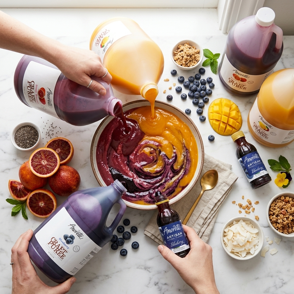 Smoothie bowl flat-lay with Amoretti craft purees