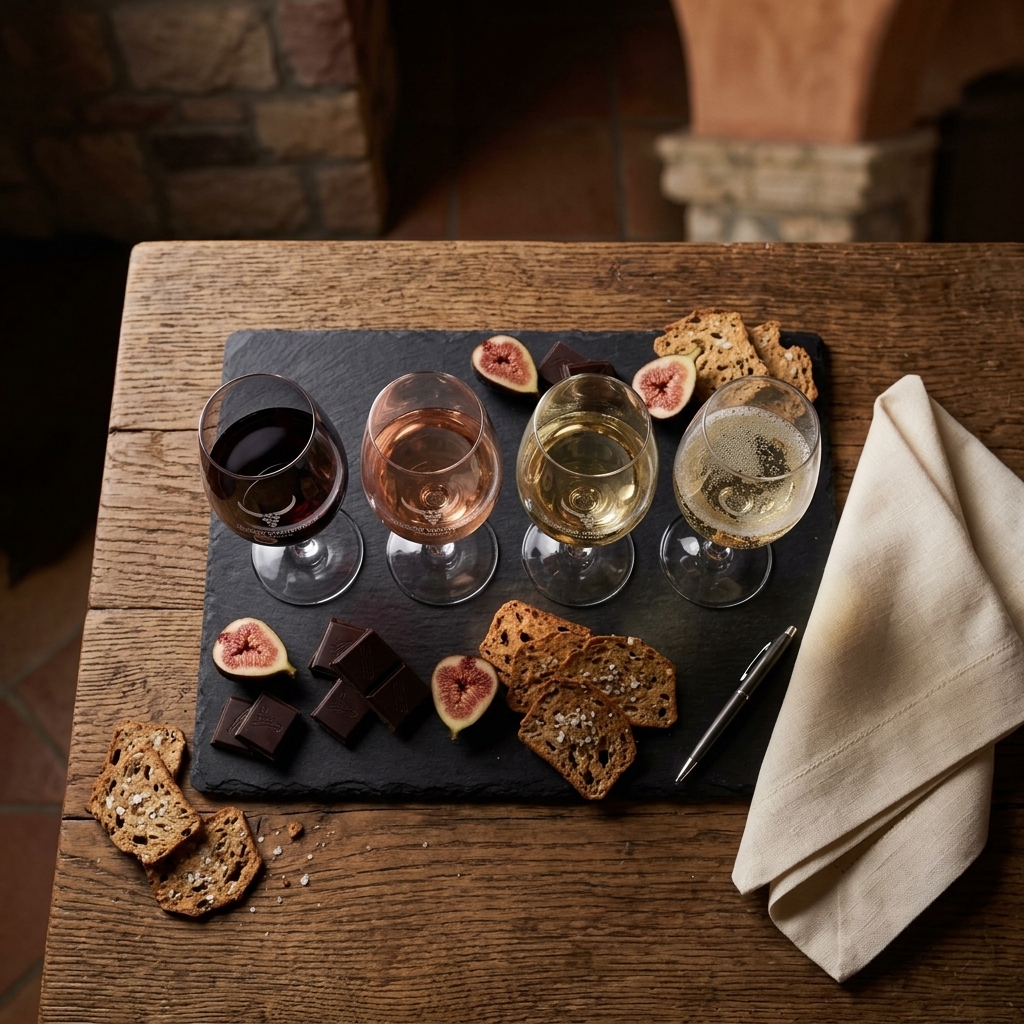Wine tasting flat-lay with figs and chocolate