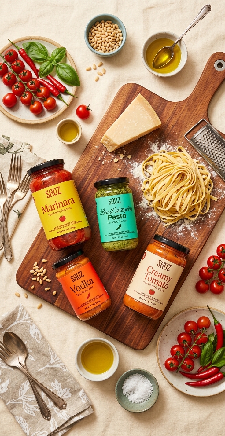 Sauz pasta night flatlay spread