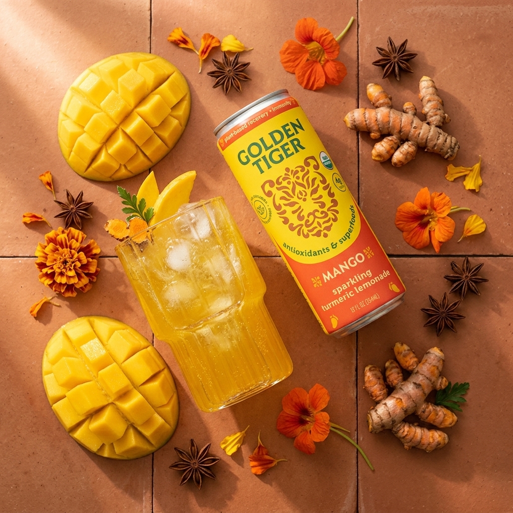 Golden Tiger Mango can flat-lay with fresh ingredients