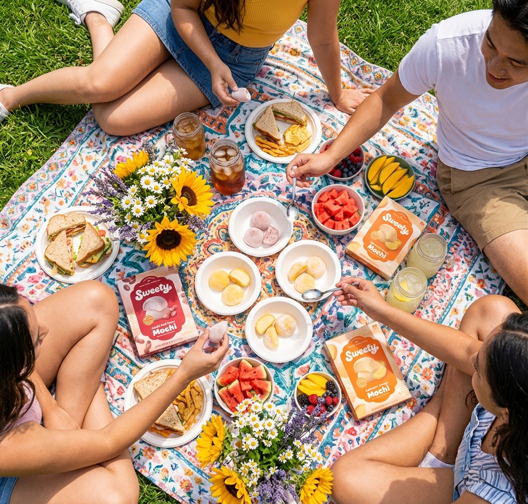 Friends sharing Sweety mochi at a picnic