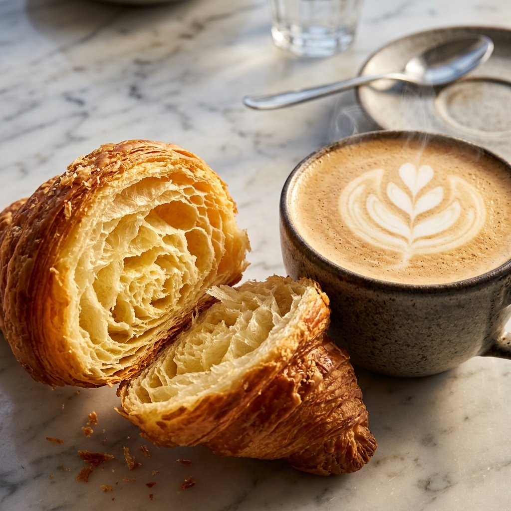 Flaky croissant macro with latte