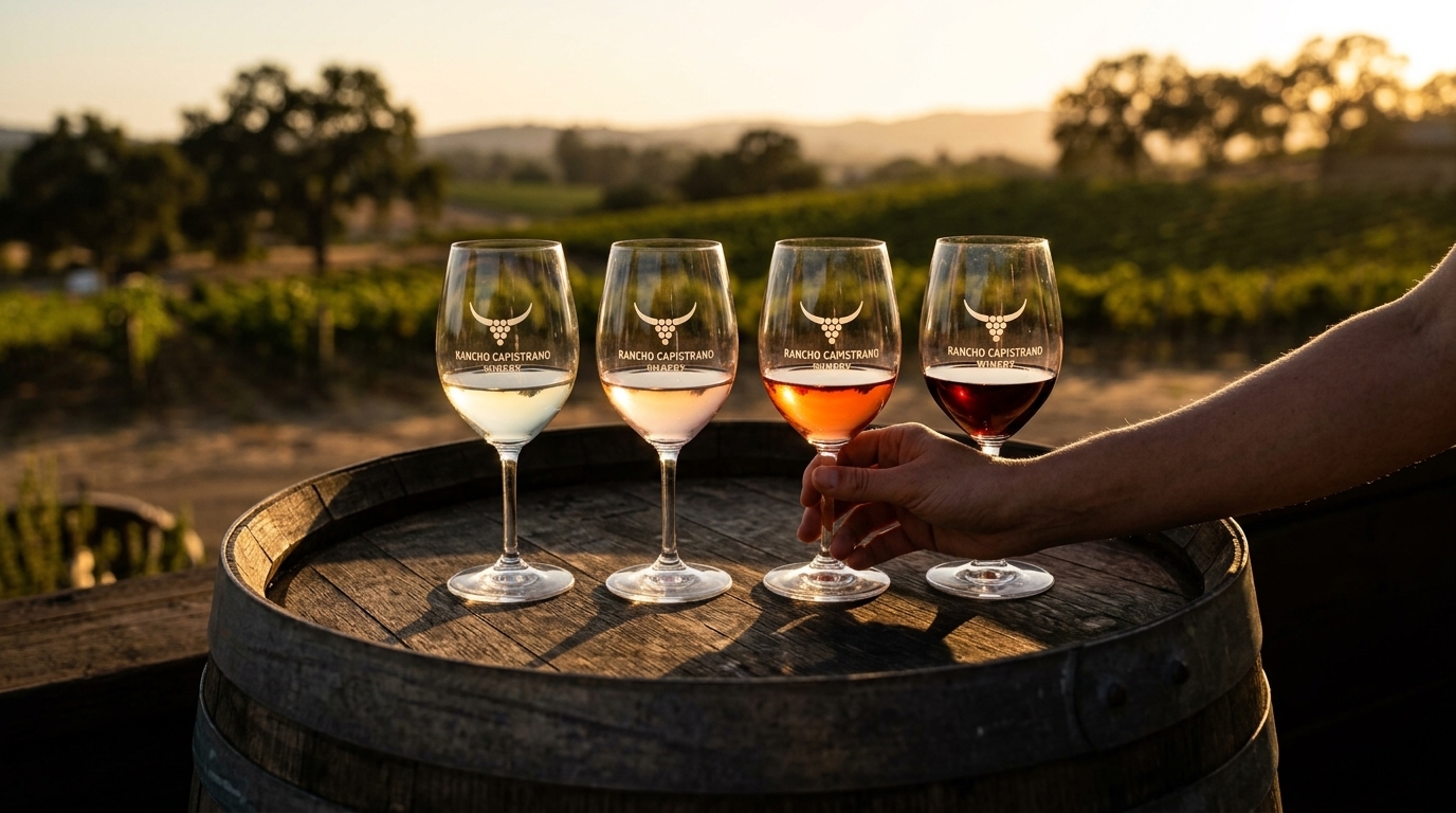 Wine flight on barrel at sunset