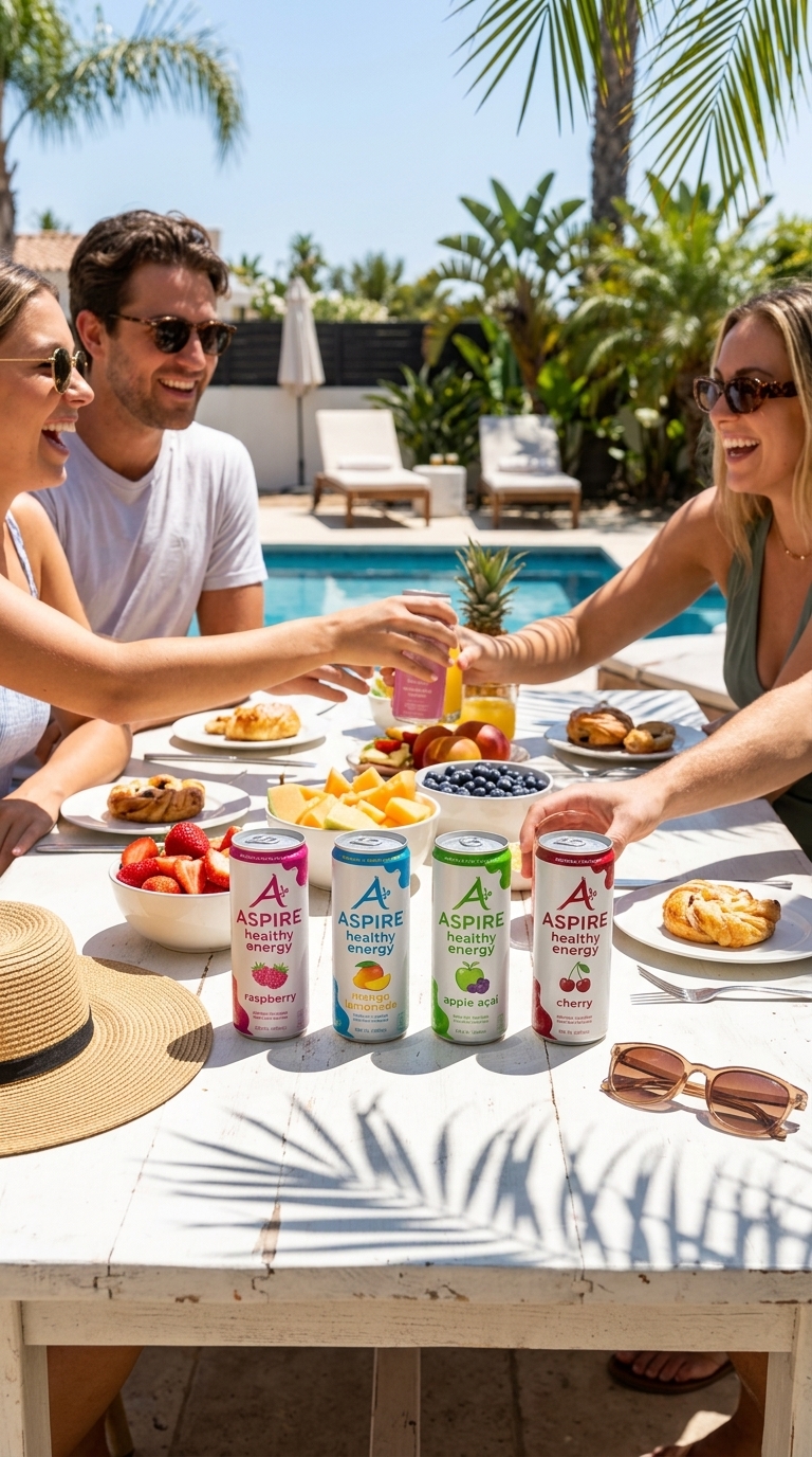 Colorful Aspire cans at outdoor brunch
