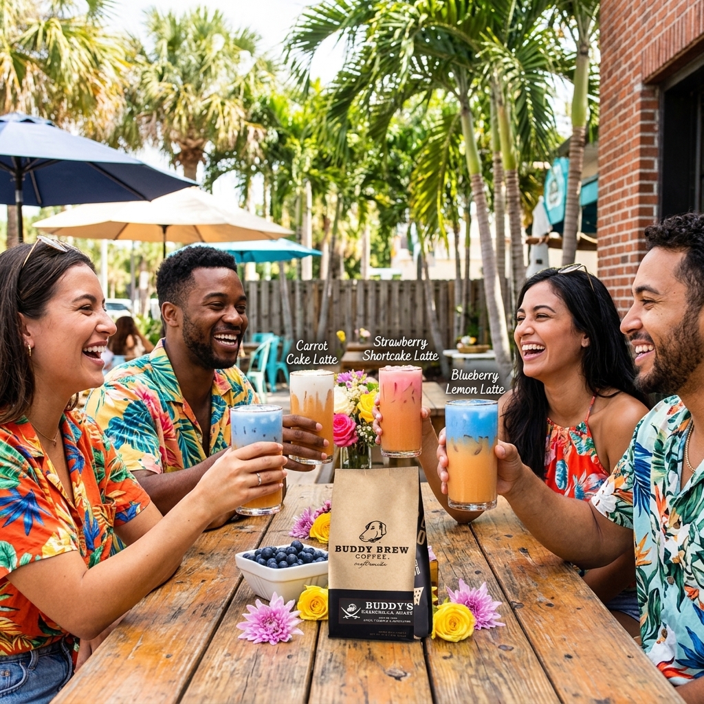 Friends enjoying iced coffee on Tampa patio