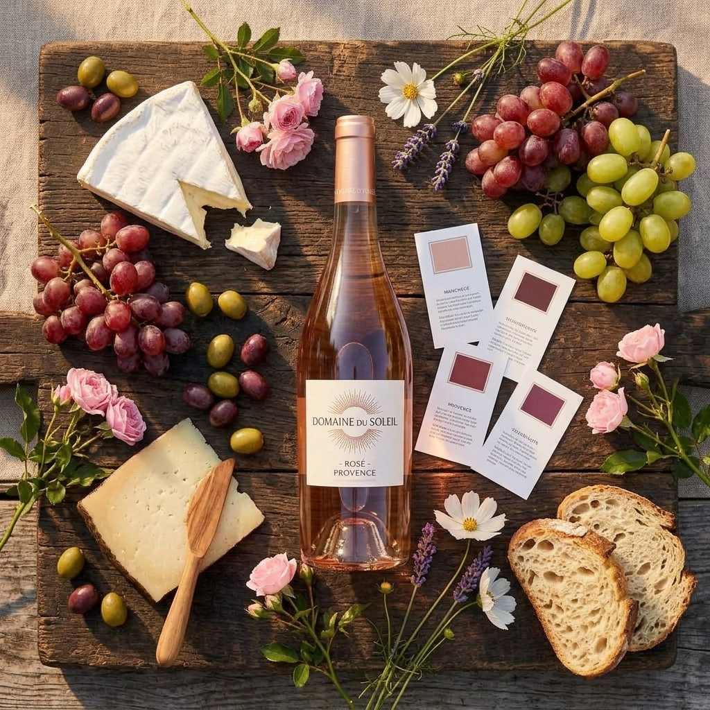 Wine bottle flat-lay with cheese and grapes on rustic board