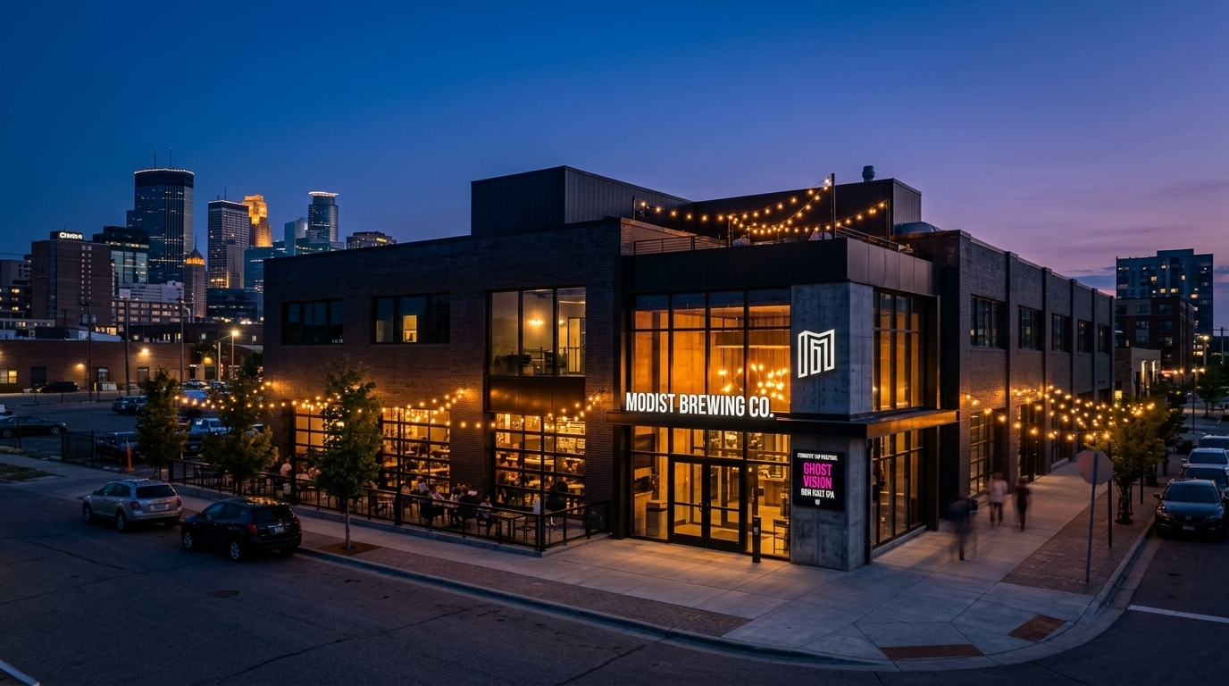 Modist Brewing taproom exterior at twilight