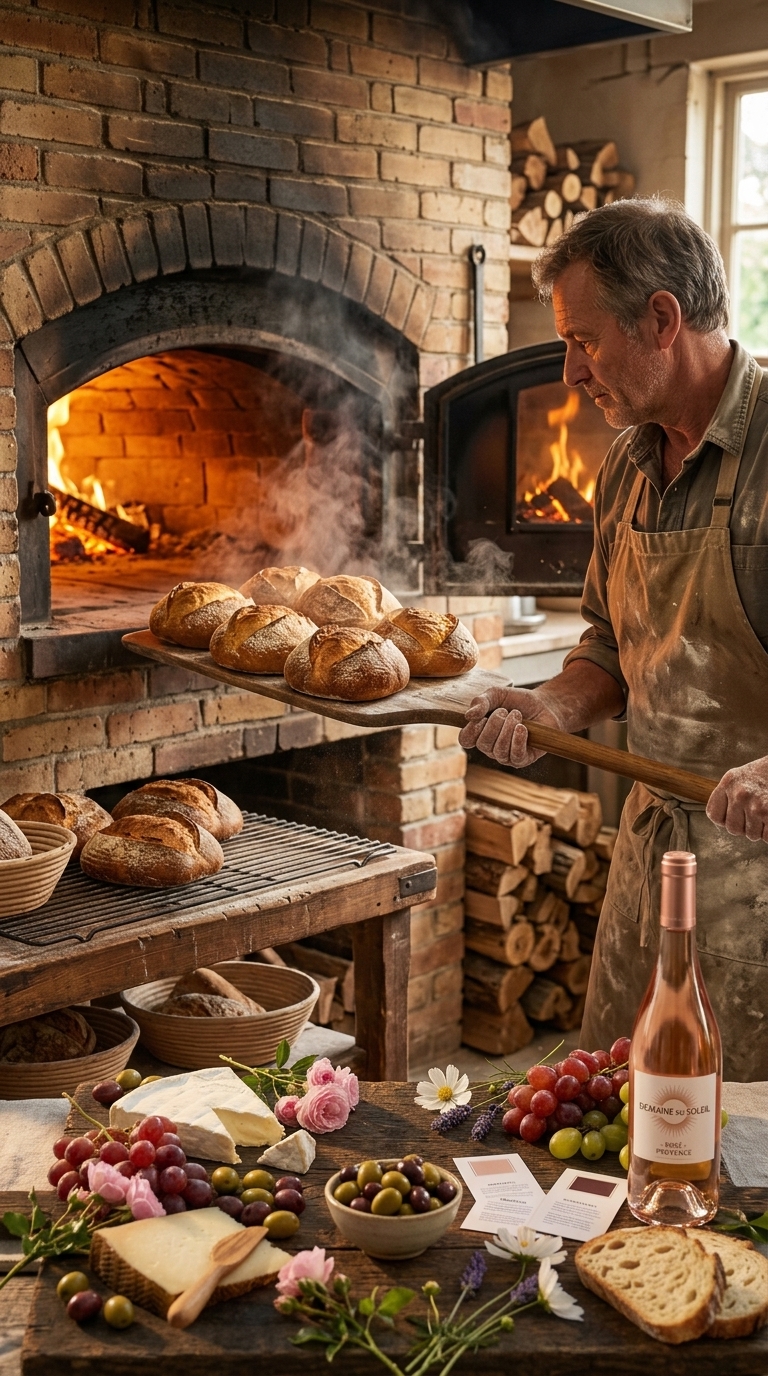 Baker pulling loaves from wood-fired oven