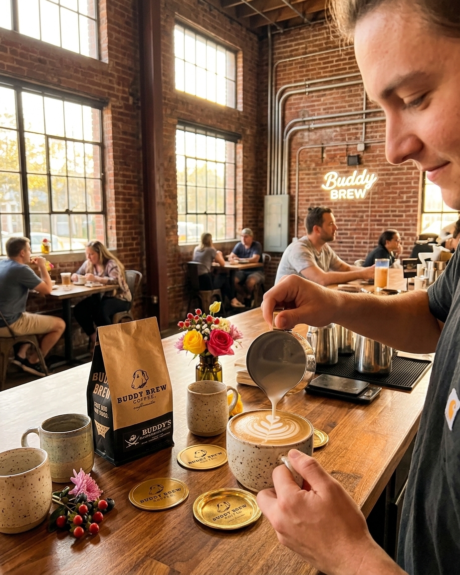 Morning latte art at Buddy Brew cafe
