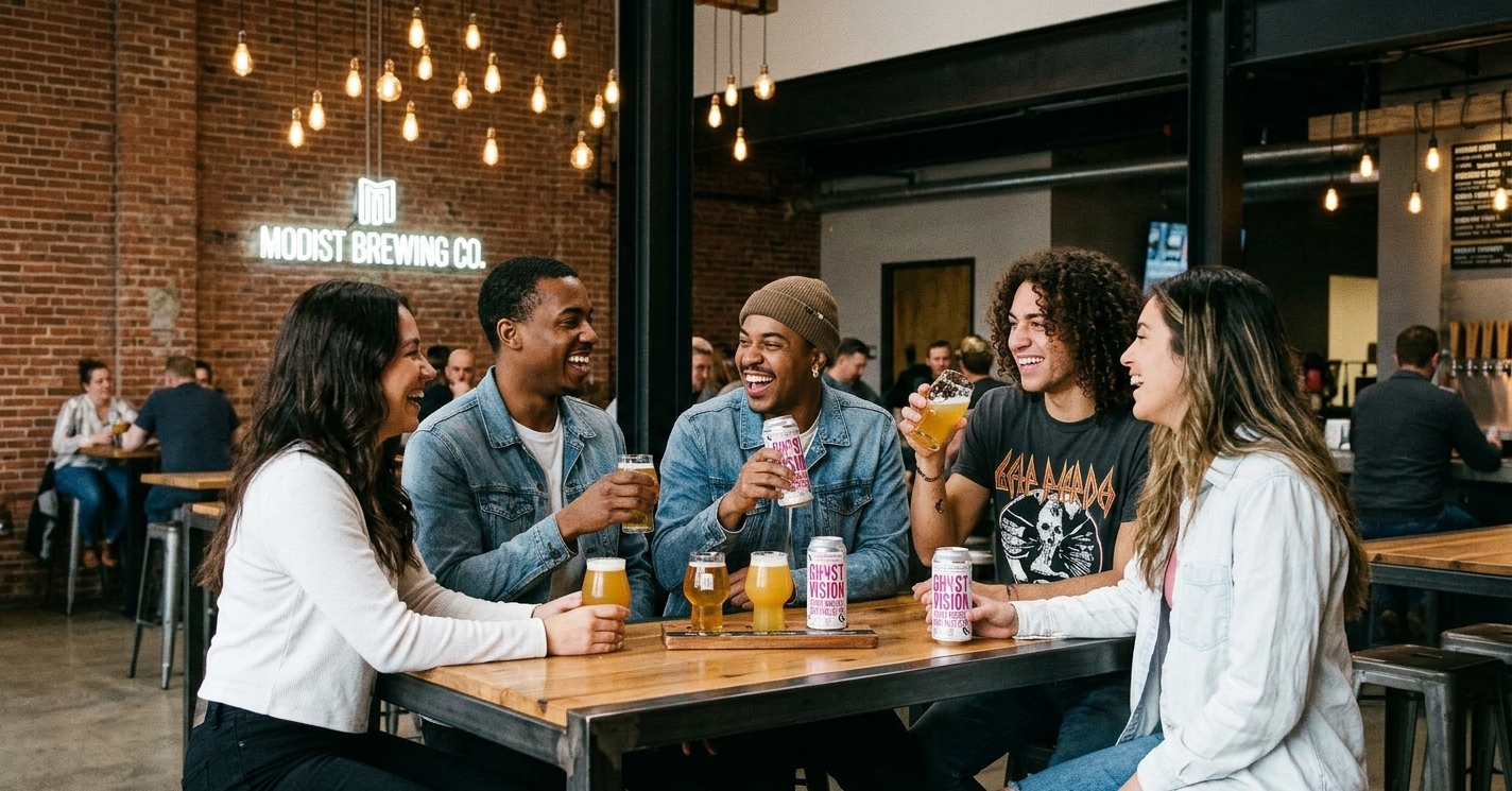 Friends at Modist industrial taproom