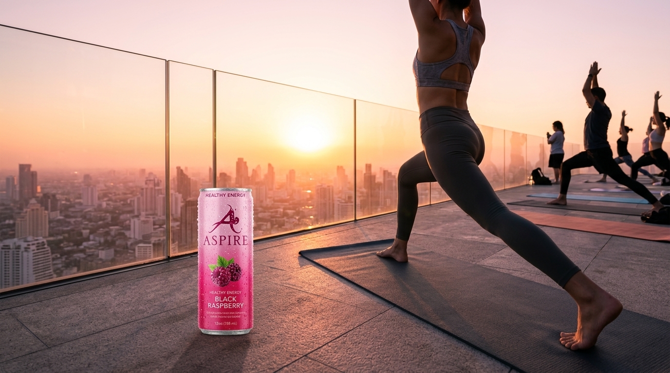 Aspire can on yoga mat at sunrise