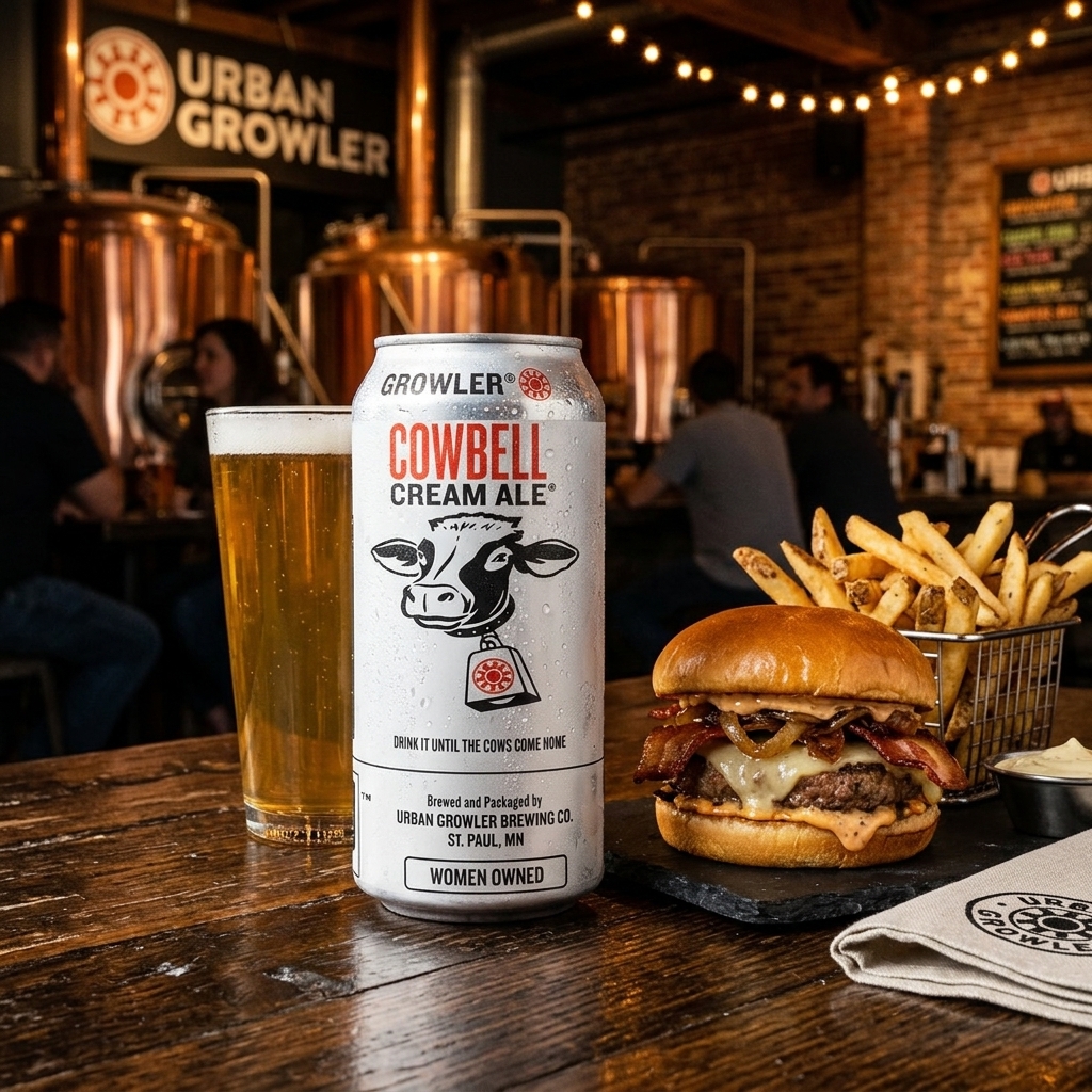 Cowbell Cream Ale with burger