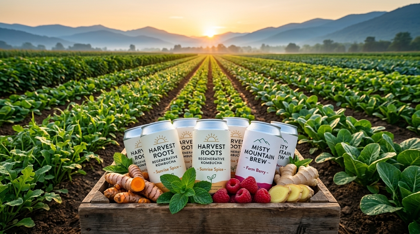 Regenerative farm at sunrise with kombucha cans